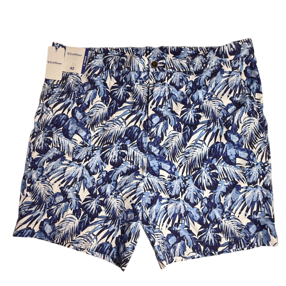 NWT Caribbean Roundtree & Yorke Men's 42 Blue Palm Print Shorts NWT